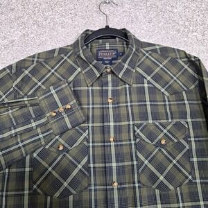 Pendleton Frontier Shirt Men Medium Green blue Plaid Western L/S pearl snap